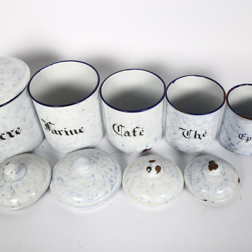 337 - A graduated set of Vintage French enamel kitchen storage jars and covers, largest Sucre, H18cm