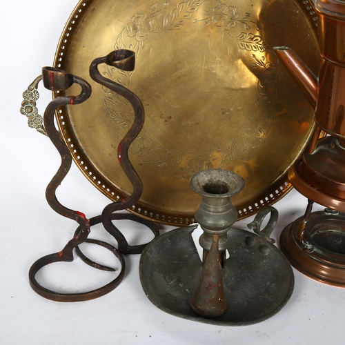 355 - Pewter chamber stick, a pair of wrought-metal candlesticks, a copper kettle on stand, 31cm, and an e... 