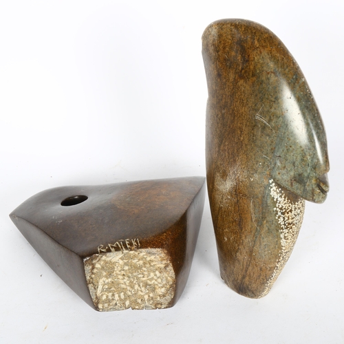 364 - A carved soapstone abstract sculpture, signed R Mteki, 18cm, and a stylised carved stone bust