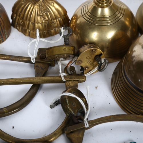 365 - 2 Antique brass desk bells, bell with turned wood handle, H13cm, Scottie dog pin tray etc