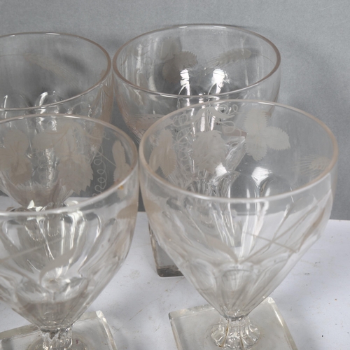 397 - A set of 6 Antique hand-blown glasses, with engraved hop vine decoration, H12.5cm