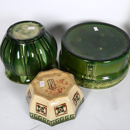 398 - A Foley candlestick, 50cm (repaired), and 3 green glazed pottery bowls