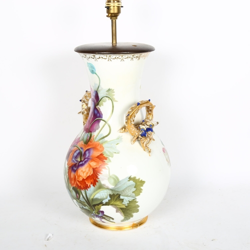 411 - A Vintage Continental 2-handled porcelain vase converted to a lamp, height overall 46cm