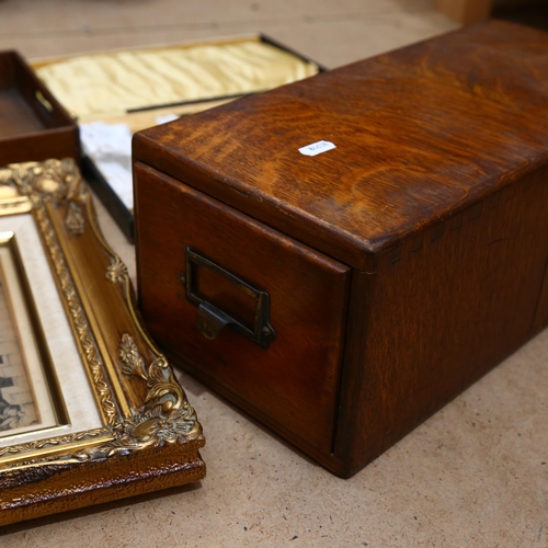 416 - A Vintage unused cased set of fish cutlery, gilt-framed Nativity print, oak filing drawer etc