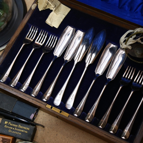 418 - A composition bird group under glass dome, oak-cased fish cutlery, ebony and bone dominos, a pair of... 