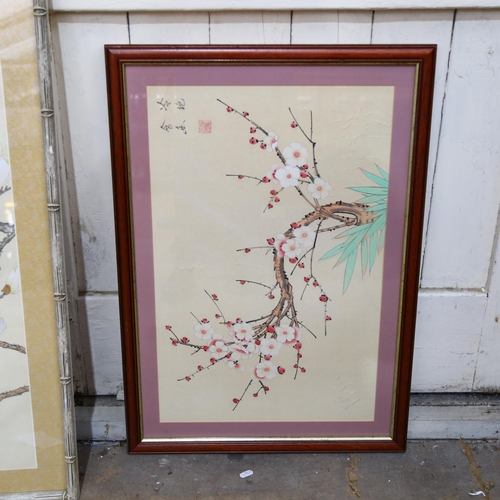 425 - A group of 4 Oriental paintings of flowers and birds, largest in faux bamboo frame, H96cm, all signe... 