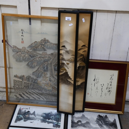 426 - A set of 6 framed Oriental landscapes, a pair of gilded Japanese pictures, and a painting on fabric ... 