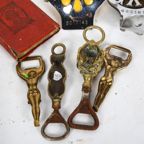 474 - 2 Vintage AA car badges (8C17143 and 66318K), 4 brass bottle openers etc