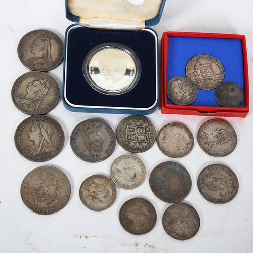 517 - 4 Victorian silver crowns, a Victoria silver double florin, another Victorian silver coin, a cased s... 