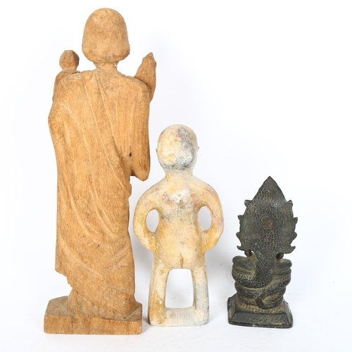 534 - A Bayon style seated bronze, Khmer Maga meditation Buddha, H16cm, a wooden carved religious icon, an... 