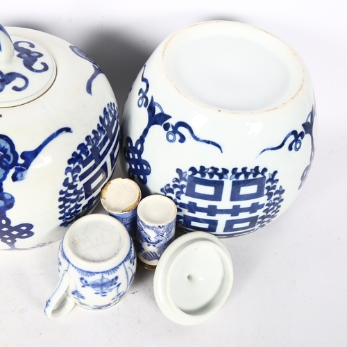 539 - 2 similar modern Oriental blue and white ginger jars, H23cm, a blue and white Oriental design salt a... 