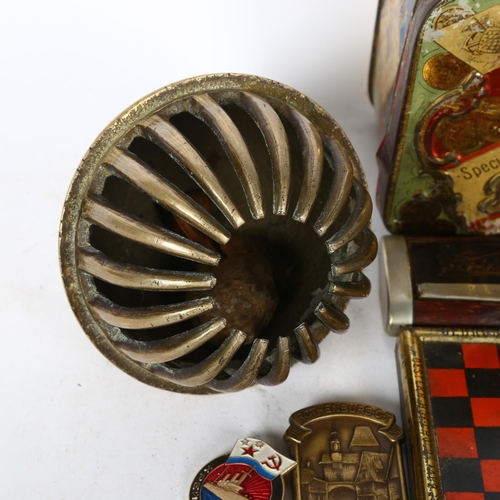 540 - A brass Indian elephant claw bell, H12.5cm, and a selection of snuffboxes, including a wooden snuffb... 