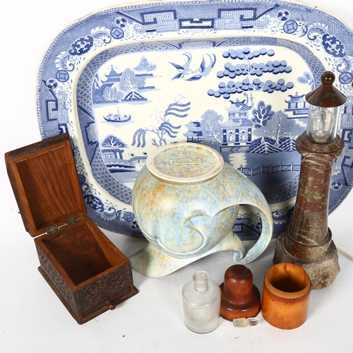 542 - A group of interesting items, to include a large blue and white meat platter with Oriental decoratio... 