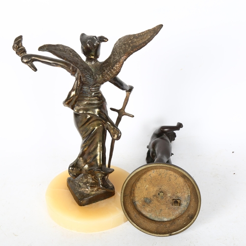 543 - A cast-bronze statue of a Grecian Warrior Goddess, winged with torch and sword, on an onyx base, H25... 