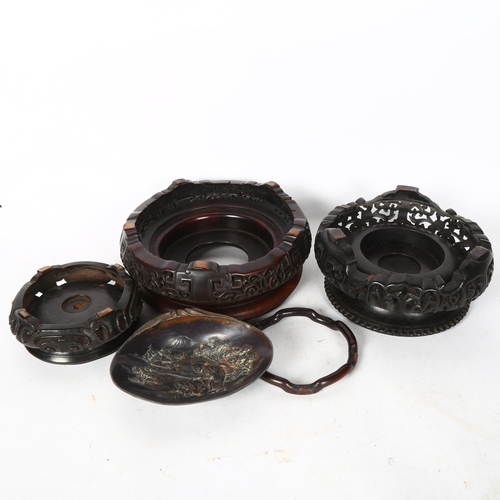 549 - A group of 3 Chinese hardwood carved stands, largest diameter 20cm, and a Japanese pewter pin dish, ... 