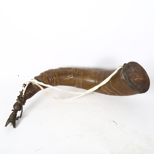 568 - A large 19th century carved powder horn, turned wood and metal mounts, carved 1882, and initialled G... 