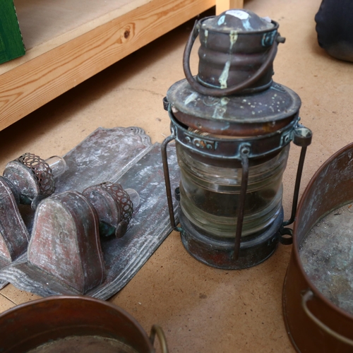 579 - A ship's anchor navigation lamp light, unmarked, H34cm, a pair of tin wall bracket light fittings, p... 