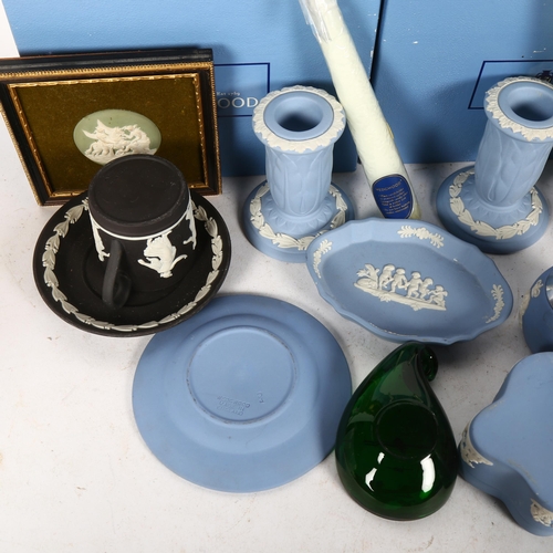 586 - Wedgwood Jasperware items, including a black cup and saucer and vase, 12cm, and a silvered glass dis... 