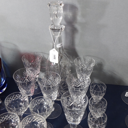 591 - A cut-crystal decanter and stopper, H34cm, and 6 matching glasses, a set of 4 glasses, a set of 6 Br... 