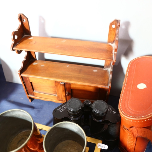 593 - Opera glasses, copper jam pan, Zenith binoculars, trivet, small cabinet etc