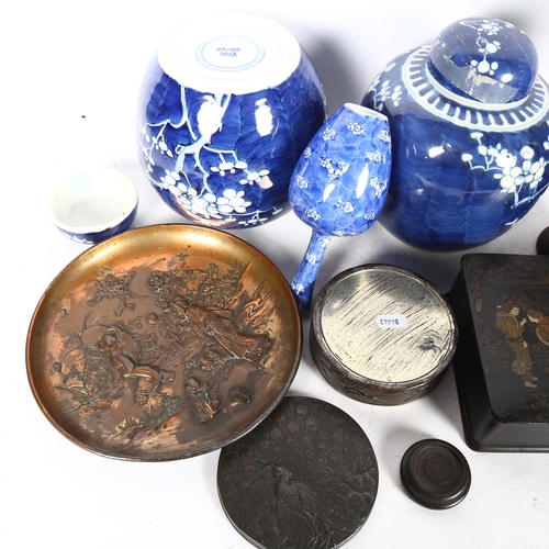 596 - Modern Chinese ginger jars, blue and white vase on stand, antimony box, embossed bronze dish, Japane... 