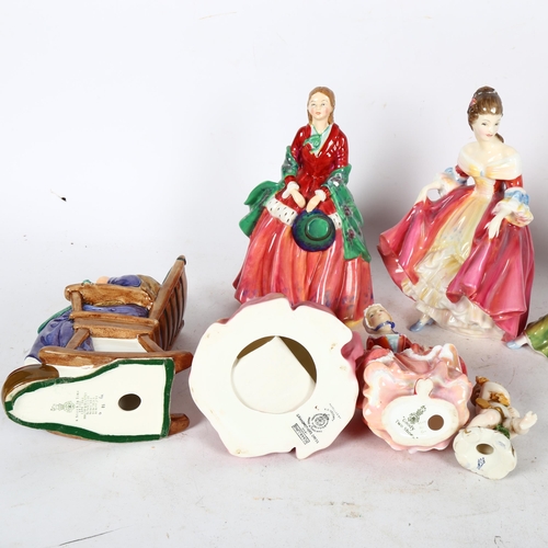 599 - 4 Royal Doulton ladies, Royal Worcester figure, Paragon figure and a Naples porcelain cherub