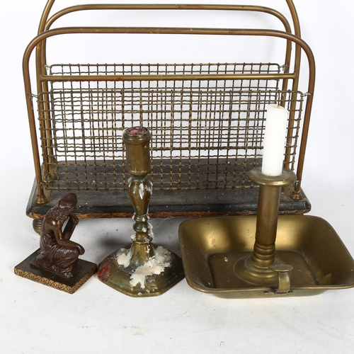 616 - A Victorian brass-framed mesh music/magazine stand, on wooden plinth and brass feet, H35cm, a chambe... 