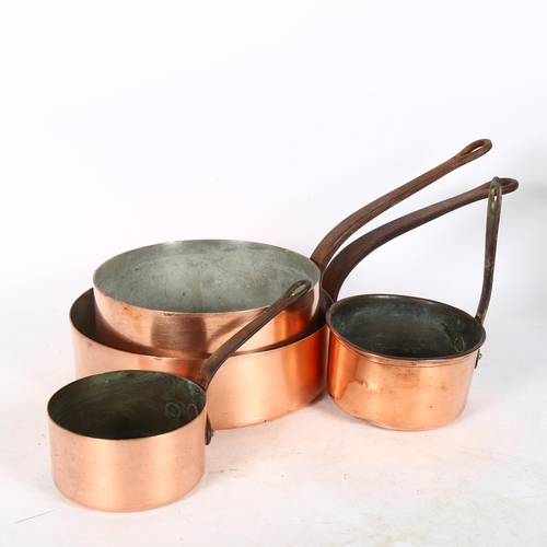 617 - 4 Vintage copper pans with iron handles, largest 23.5cm diameter