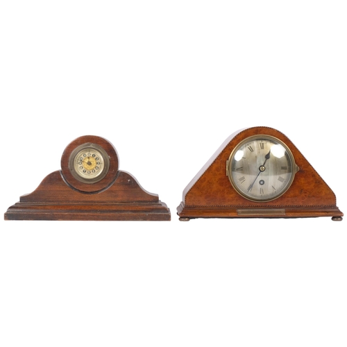 62 - Circa 1920, a burr-walnut cased mantel clock of triangular form, with presentation plaque inscribed ... 