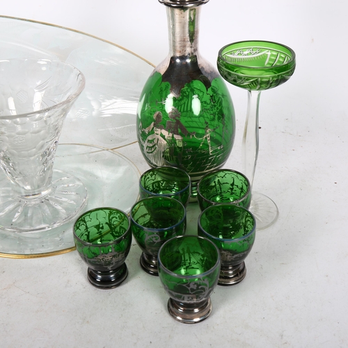 621 - Venetian silvered green glass decanter set, H21cm, green overlay crystal glass goblet, and other gla... 