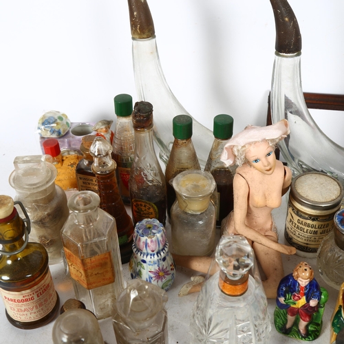 632 - A porcelain jointed doll, scent bottles, miniature ornaments etc