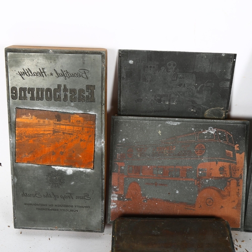 633 - An Eastbourne Pier copper printing plate, 18cm, another depicting an open-top bus, and 3 more