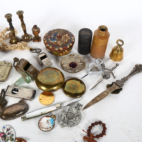 643 - A tray of interesting items, including snuffbox, decanter label, candlesticks etc