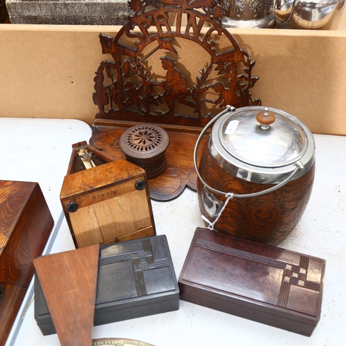 648 - A metronome, inlaid strut frame, Bakelite boxes, mirror, marquetry inlaid box, L30cm, etc