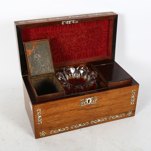 656 - Victorian mahogany tea caddy, with inlaid mother-of-pearl decoration, fitted interior, and glass mix... 