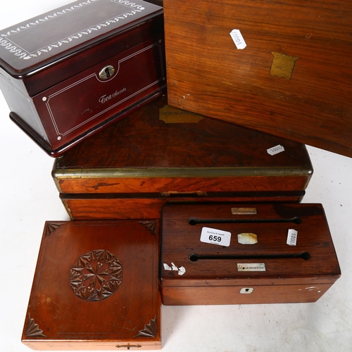 659 - A brass-bound writing slope, and another (locked), a modern tea caddy, a box with carved wood lid, a... 