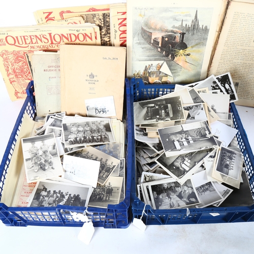 660 - A tray of family and military photographs etc, a tray of Post Office stickers, and Queen Victoria ma... 