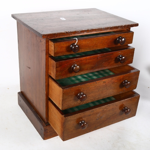 662 - Vintage stained pine collector's chest of 4 long drawers, with turned wood handles, H31.5cm, W30.5cm