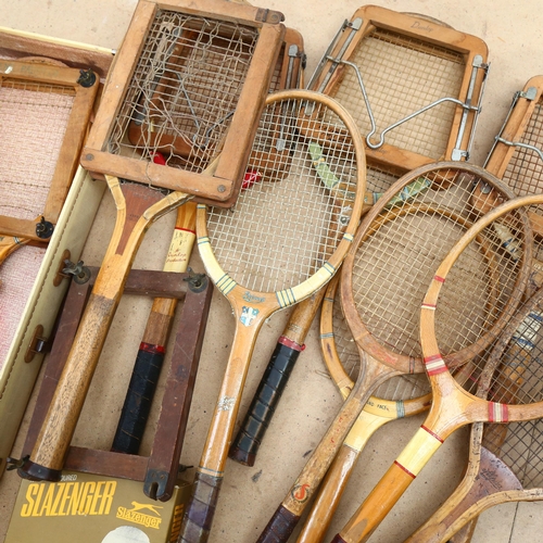 681 - Various Vintage tennis rackets and presses, and a case containing a Slazenger Victory tennis racket