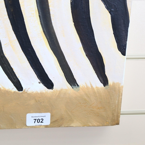 702 - Clive Fredriksson, oil on canvas, study of zebras, 91cm x 91cm, unframed