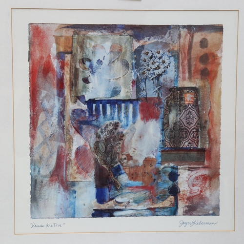 706 - Joyce Lieberman, pair of coloured prints, collage studies, 67cm x 67cm overall, framed