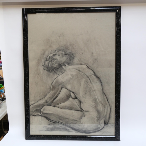 707 - 3 nude life studies, charcoal and wash, circa 1980s, signed with monograms, largest overall frame di... 