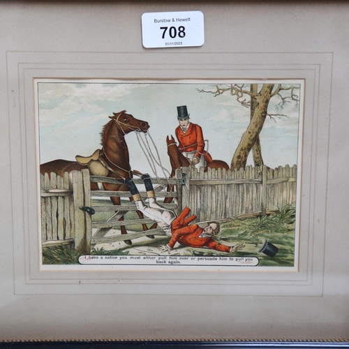 708 - A set of 4 x 19th century coloured engravings, hunting studies, 25cm x 29cm overall, framed, labels ... 