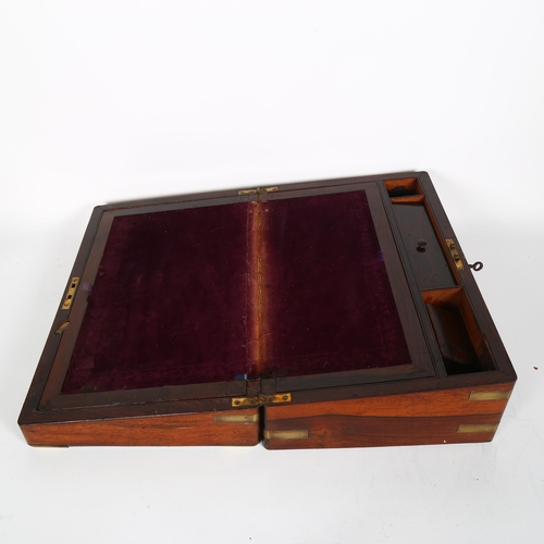727 - A Regency rosewood and brass-bound writing slope, with key, 40cm x 14cm x 25cm