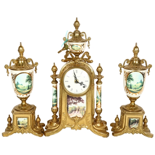730 - An impressive 3-piece clock garniture, gilt-metal frames, with ceramic pillars, with transfer print ... 