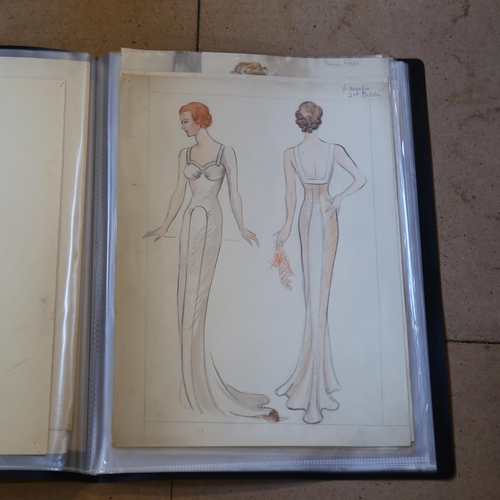 751 - A folio of watercolours and sketches by fashion artist Yvonne Macfie, from the 1930s, all sketches a... 