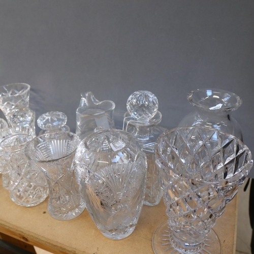 756 - Cut-crystal vases, tallest 23cm, decanter, jug, etc