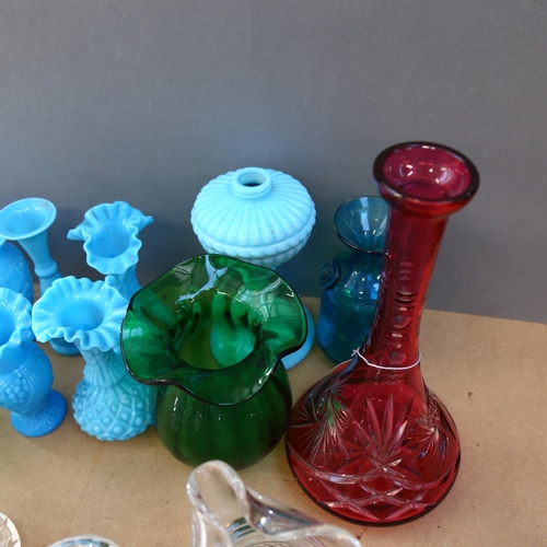 758 - A group of Vintage blue glass vases, a cranberry decanter, 31cm, a Mdina glass vase etc