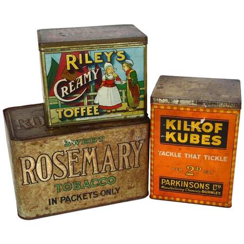 767 - A shop display tin for Faulkner's Sweet Rosemary Tobacco, 22cm across, a Kilkof Kubes tin, and a Tof... 