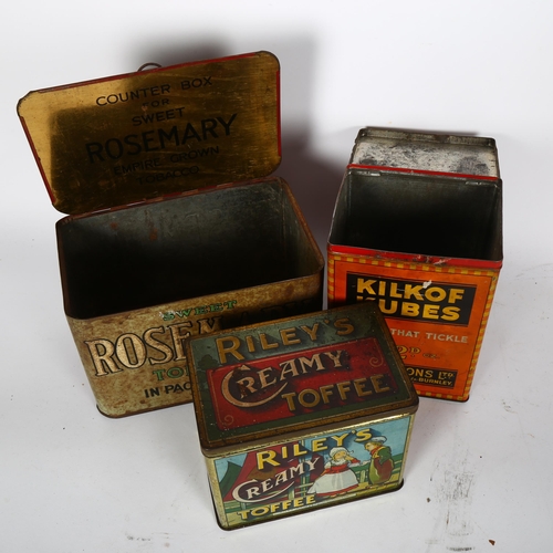 767 - A shop display tin for Faulkner's Sweet Rosemary Tobacco, 22cm across, a Kilkof Kubes tin, and a Tof... 